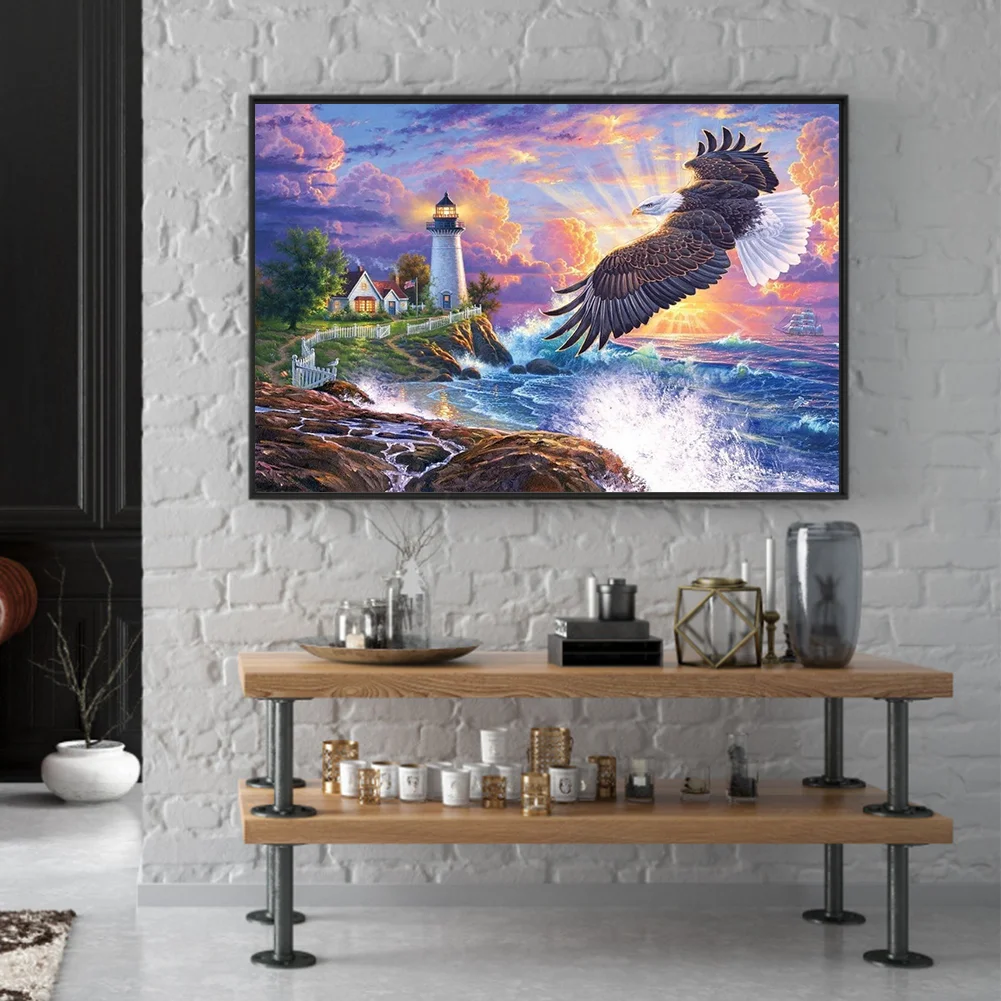 11CT Full Stamped Cross Stitch - Eagle and Lighthouse(Canvas|60*45CM)