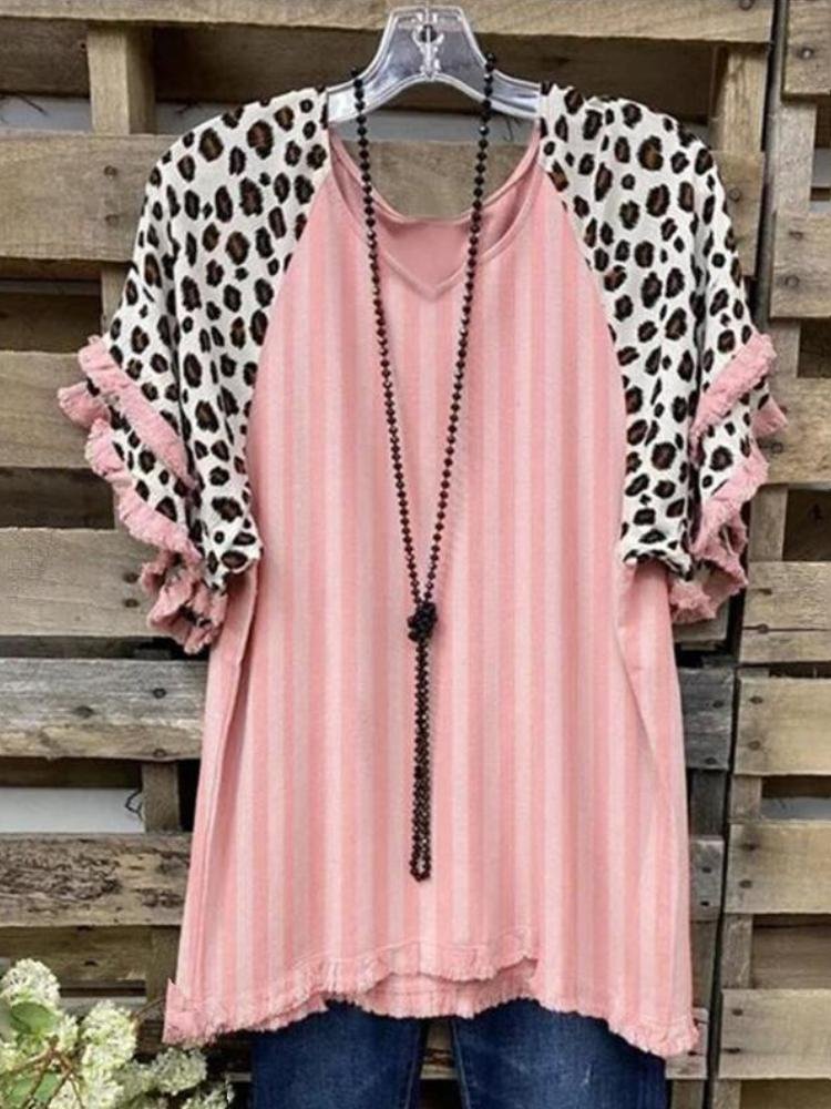 Women's Round Neck Leopard Print Ruffle Short Sleeve Patchwork Print T-Shirt