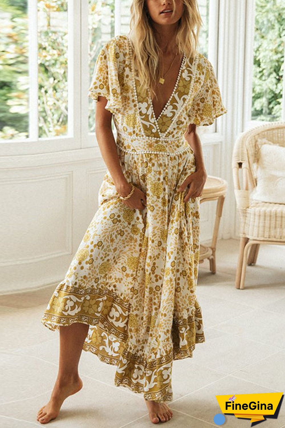 Floral V Neck Maxi Dress