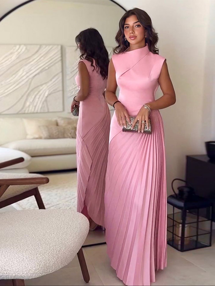 Fairfairfair event dresses for women luxury Pink Elegant Irregular Fold Long Dresses Fashion Women Satin High Waist Sleeveless Dress 2024 Female Party Pleated Evening Robes