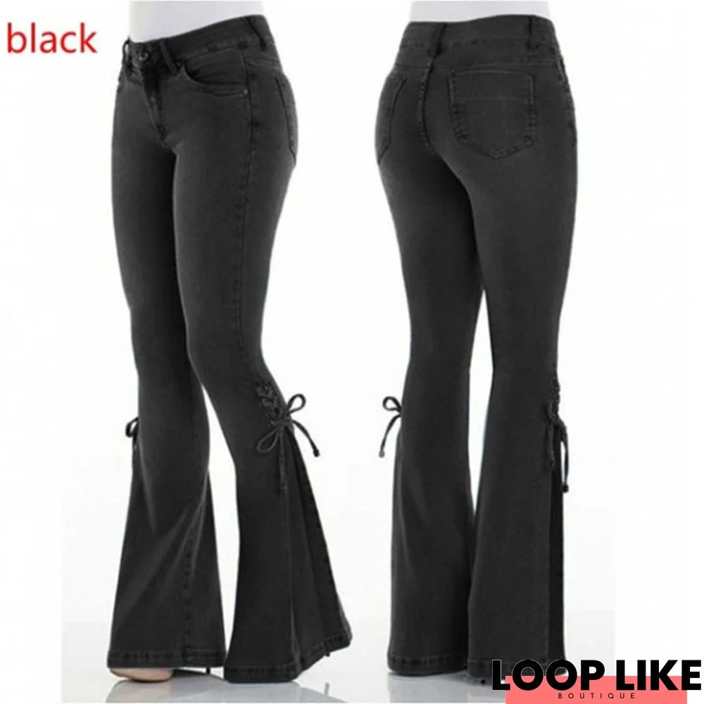 Women's Lace Jeans Mid-waist Temperament Commute Trousers Stretch Denim Wear Flared Pants