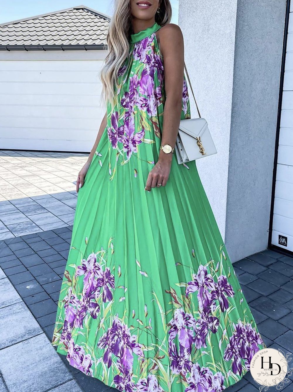Female Trend Printed Pattern Boho Dress Fashion Sleeveless Hem Party Dress Sexy Halter Neck Off Shoulder Long Pleated Dress