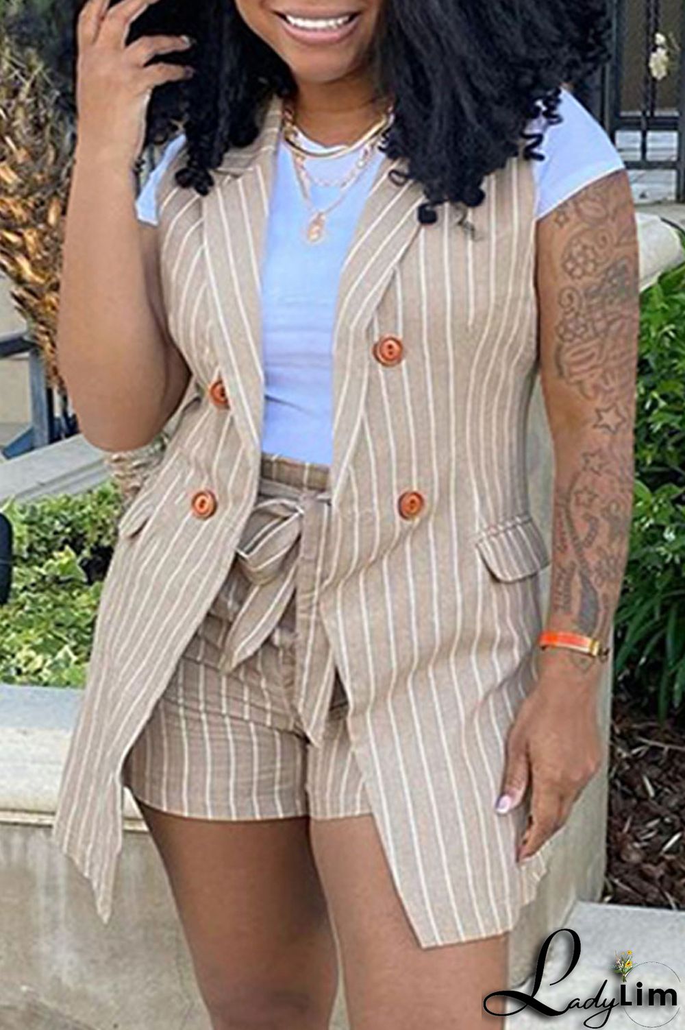 Black Fashion Casual Striped Print Patchwork Cardigan Turndown Collar Plus Size Two Pieces (Without T-shirt)