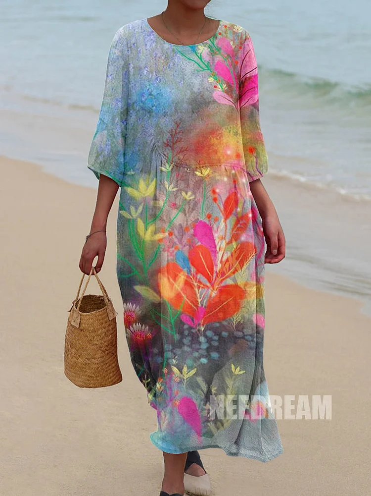 Womens Abstract Artistic Floral Pattern Pocket Cotton Dress