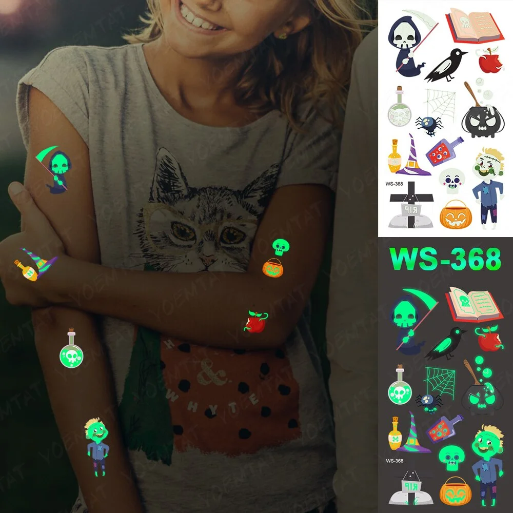 Sdrawing Temporary Luminous Tattoo Sticker Waterproof Pumpkin Skull Tatoo Arm Glowing Tattoos On Child Halloween Party Decor