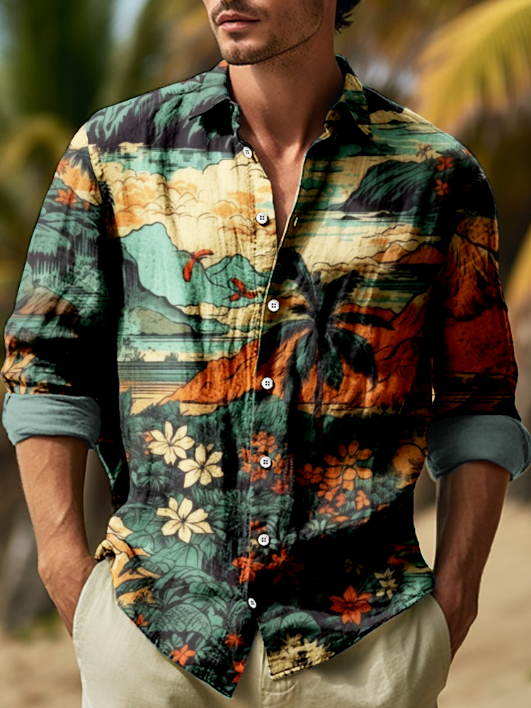 Comstylish Vintage Hawaiian Landscape Pattern Linen Blend Blouse