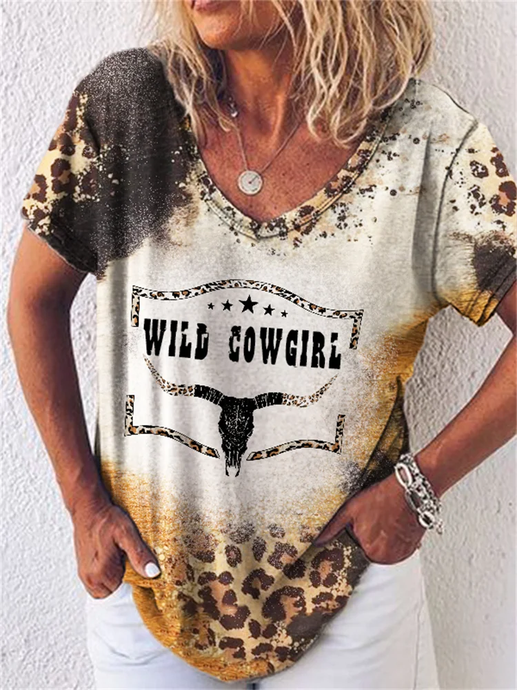 Western Wild Cowgirl Bull Skull Leopard Tie Dye T Shirt