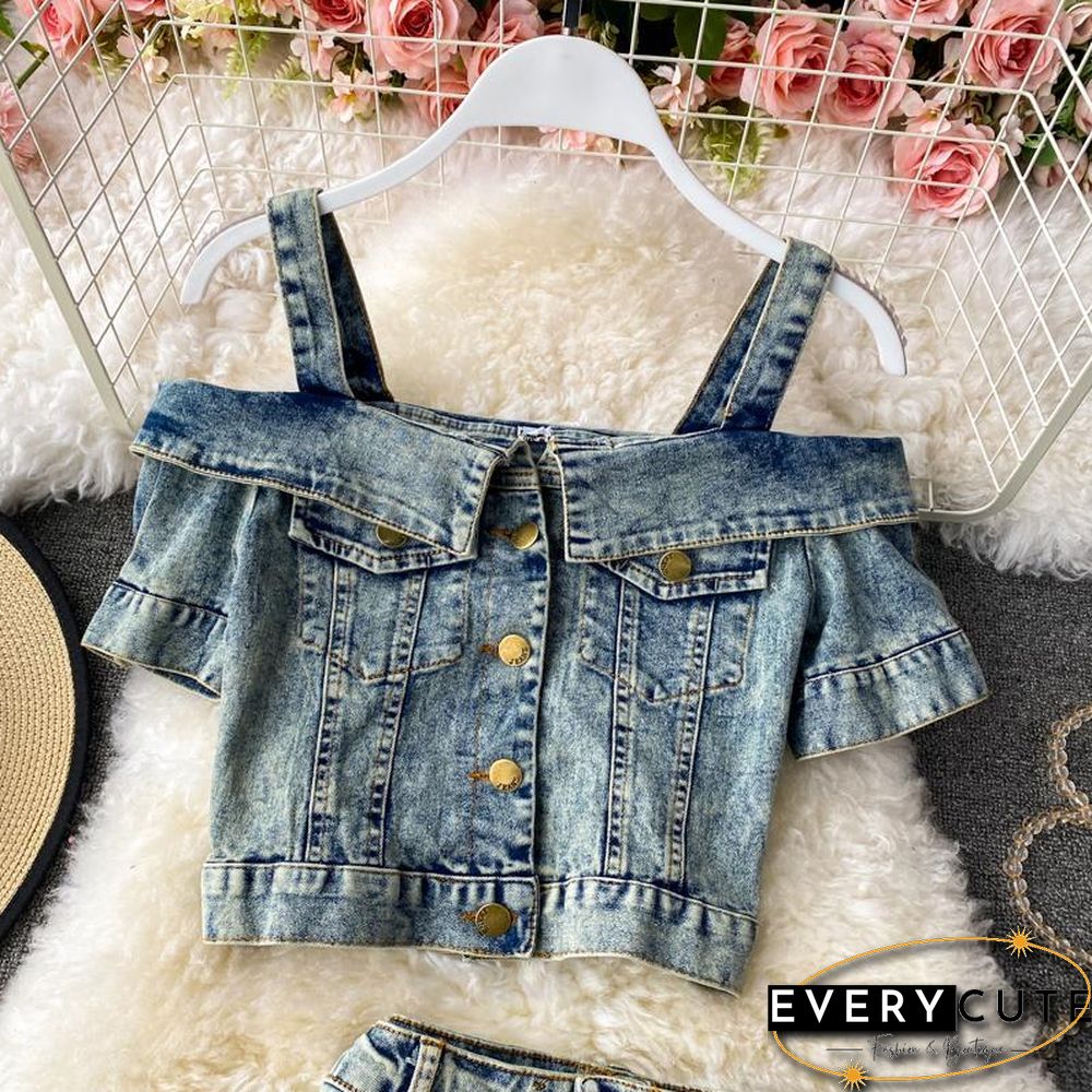 Off Shoulder Denim Two-Piece Set P13585