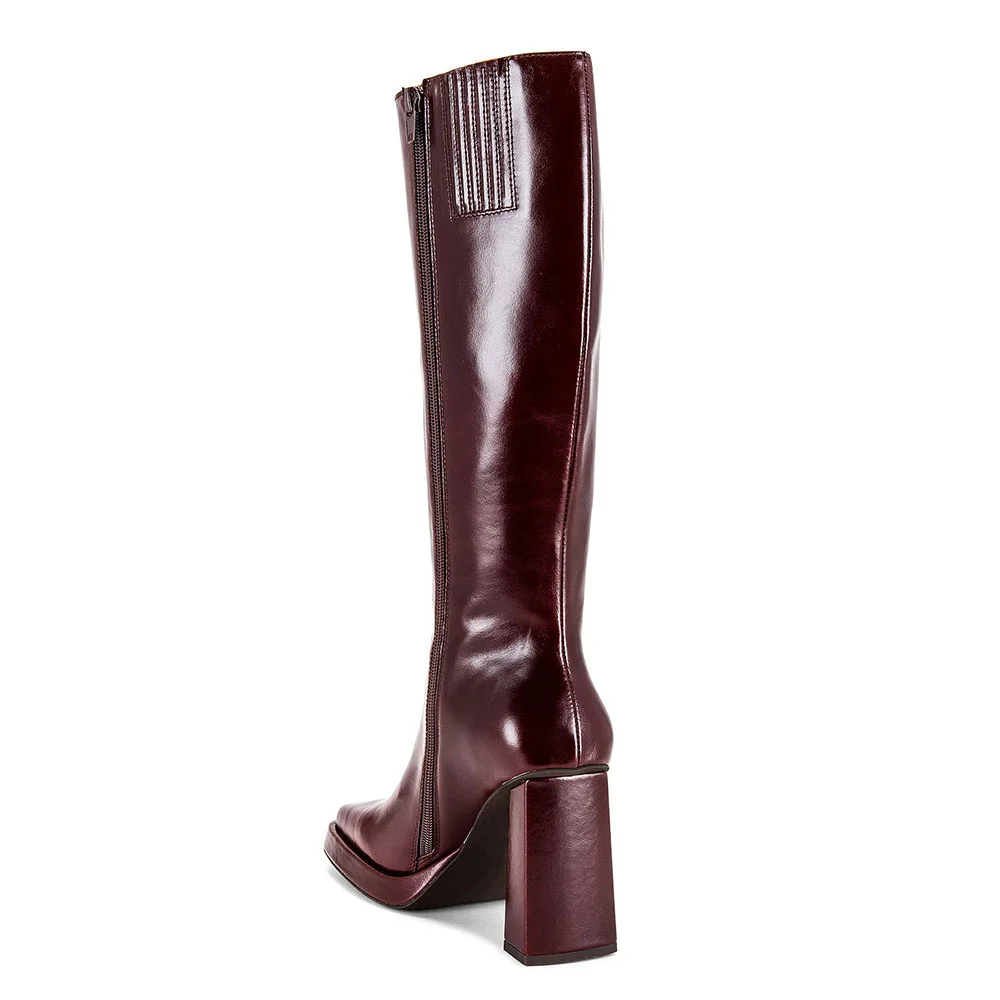 Brown Square Toe Chunky Heel Platform Side Zipper Knee High Boots