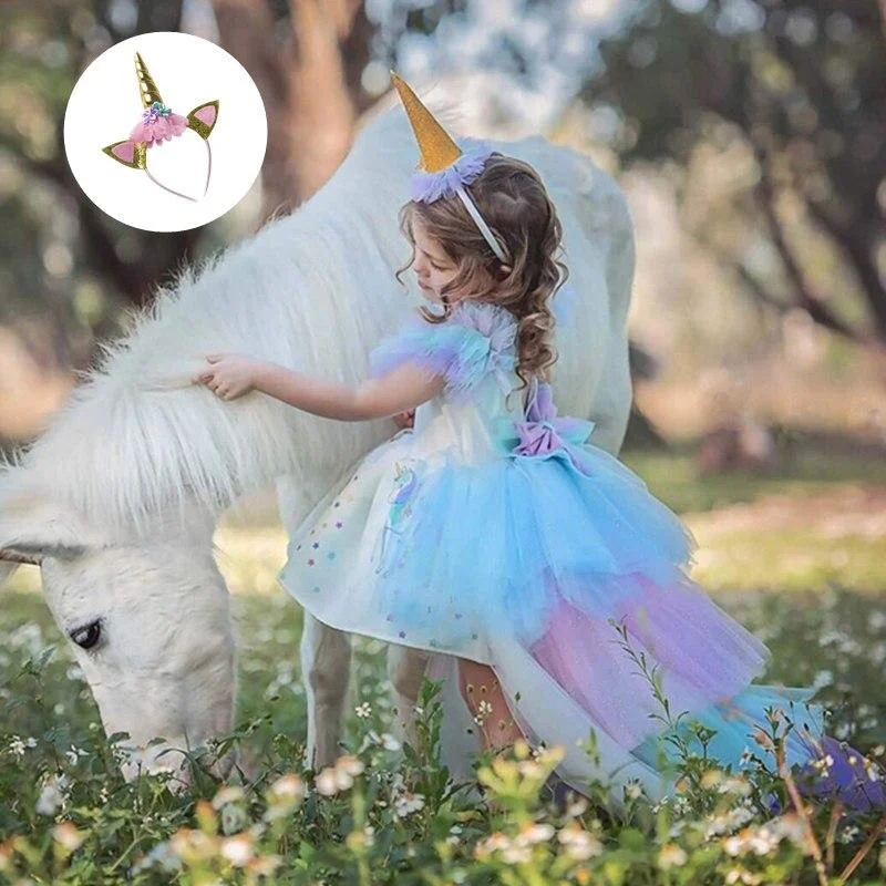 Rainbow Cake Girls Unicorn Dress Long Tail Train Dress Baby Girl Princess Birthday Party Ball Gown Kids Horse Clothes Hairband