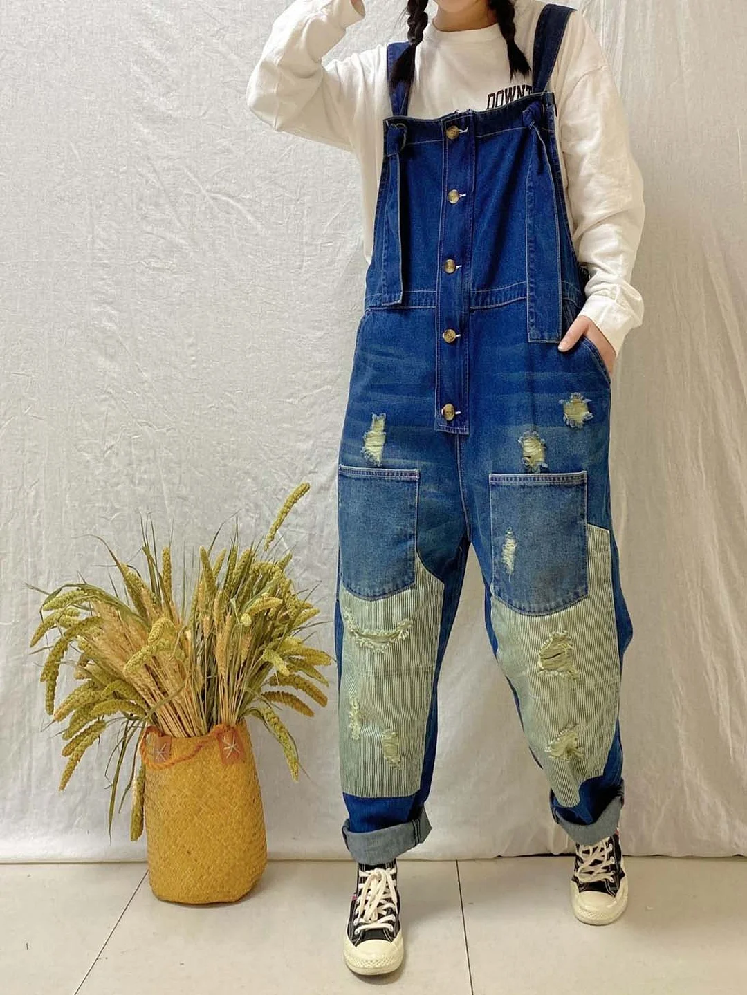 Women's Graphic Stitching Buttons Pockets Jumpsuit