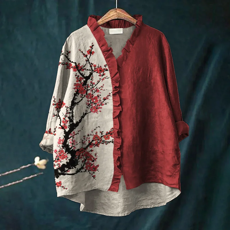 Red Plum Blossom Japanese Art Contrast Ruffle Trim Linen Blouse