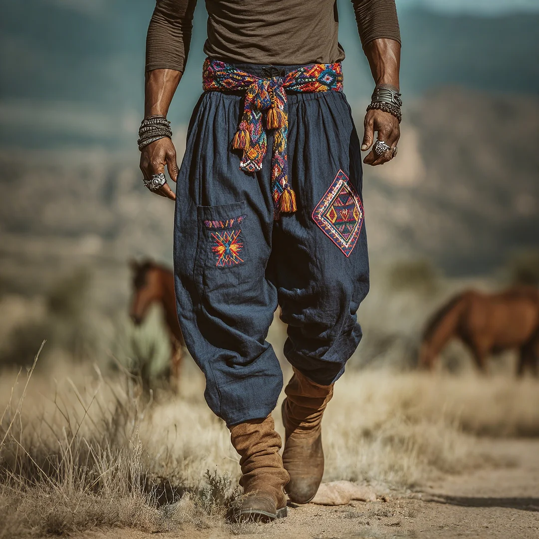 Men's Retro Ethnic Style Linen Trousers, Loose And Comfortable, Outdoor Western Style, Wide-Leg Tapered Trousers-INSPIREUSE