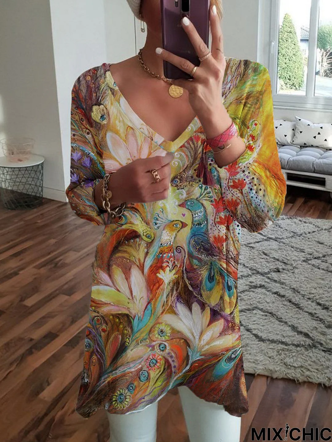 Long Sleeve Printed V Neck Tunic Top