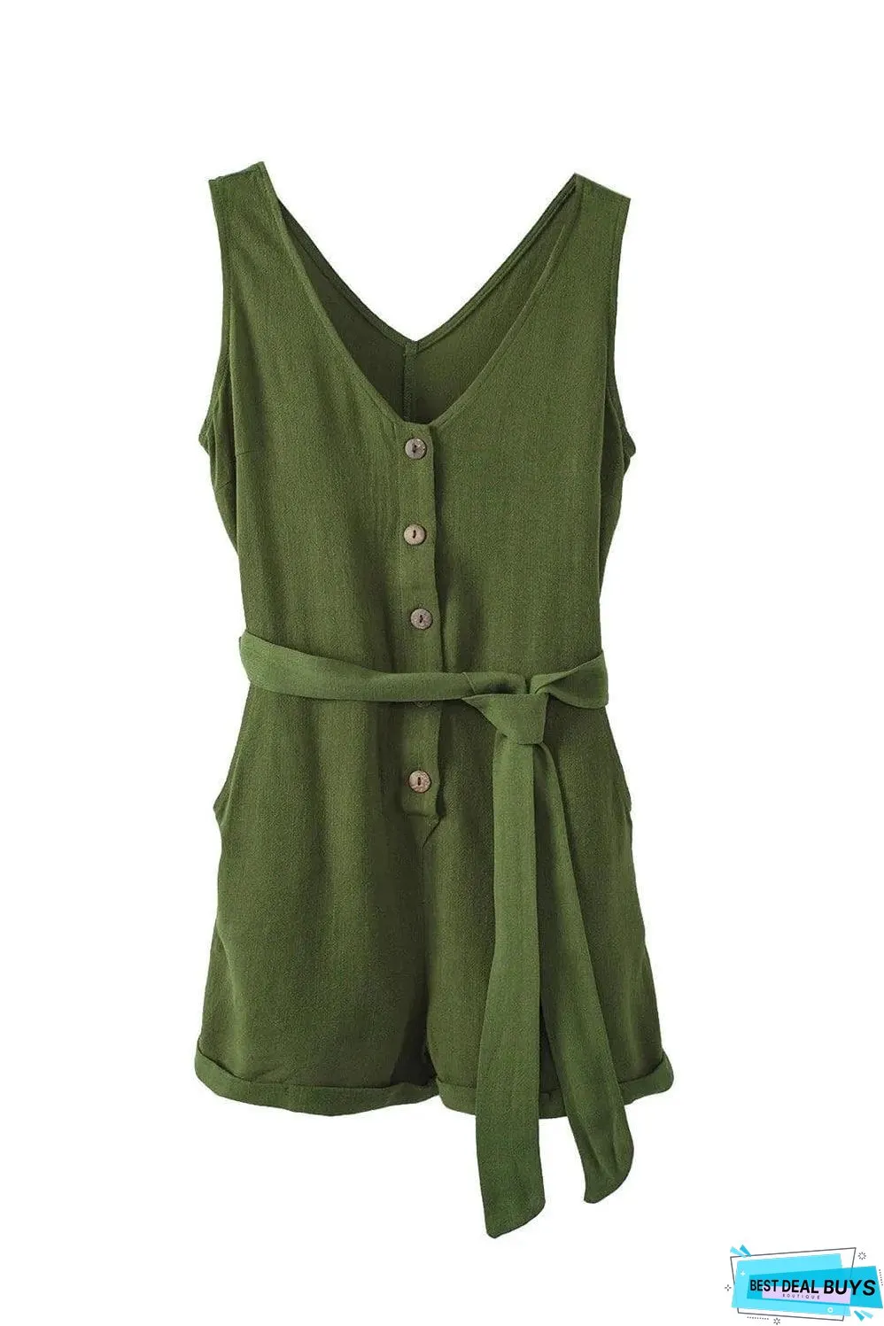Green Button V Neck Romper with Belt