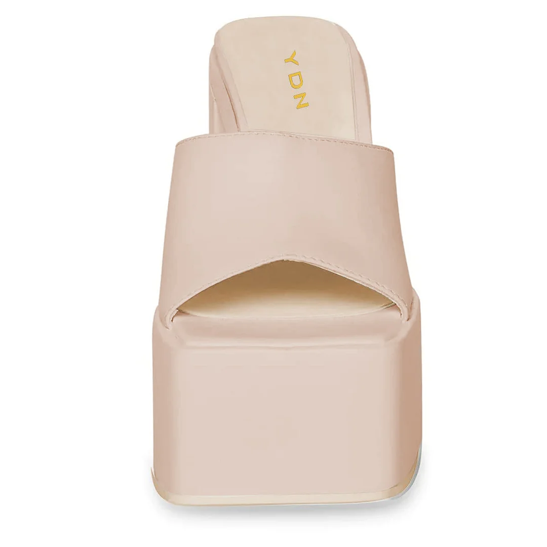 Beige Vegan Leather Square Toe Wide Band Block Heel Platform Mules