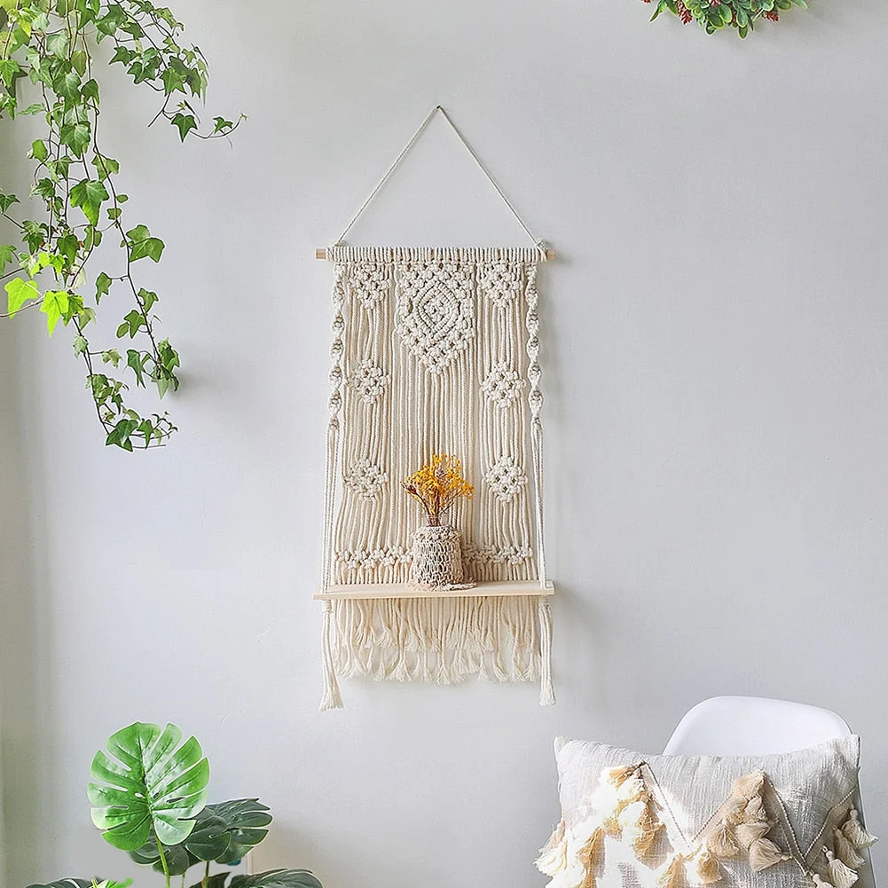 Macrame Wall Hanging Plant Decor Shelf Indoor Outdoor Floating Wood shelves Decorative Hand Made Rope Boho Shelving for Plants