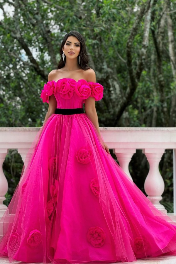 Ovlias Red Off-The-Shoulder Long Prom Dress With Black Belts WE0029