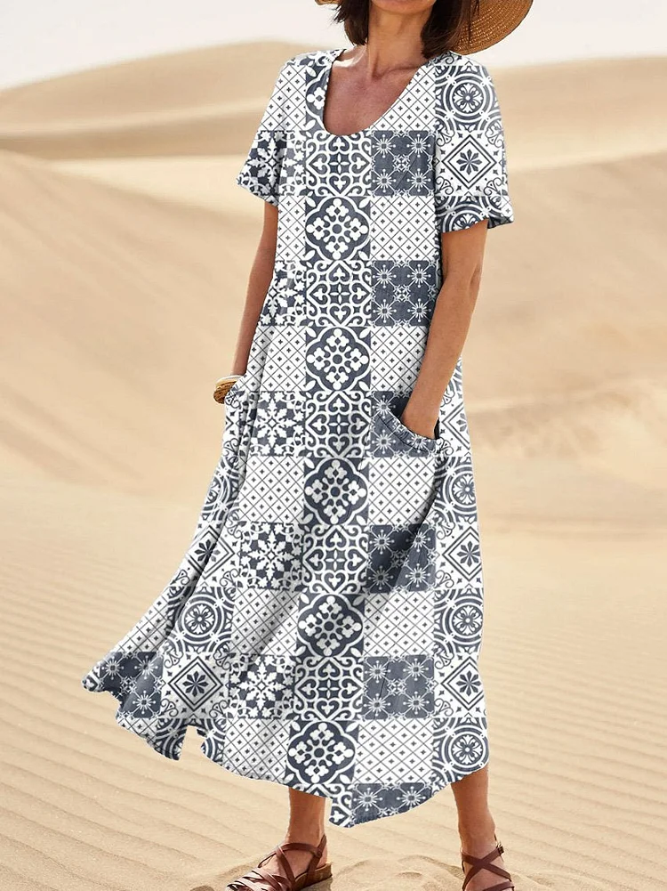 Ethnic Style Seamless Repeat Pattern Printed Women's Linen Pocket Dress