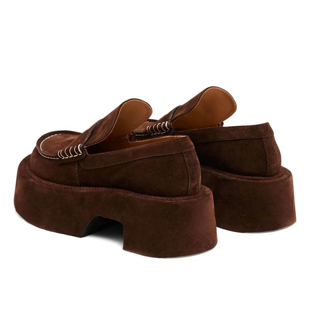Dark Brown Vegan Suede Round Toe Classic Chunky Loafers Women