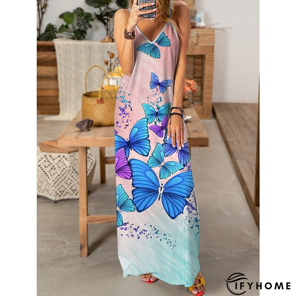 Women's Long Dress Maxi Dress Casual Dress Slip Dress Print Dress Animal Butterfly Casual Outdoor Daily Beach Backless Print Sleeveless V Neck Dress Regular Fit Pink Royal Blue Blue Spring Summer S M | IFYHOME