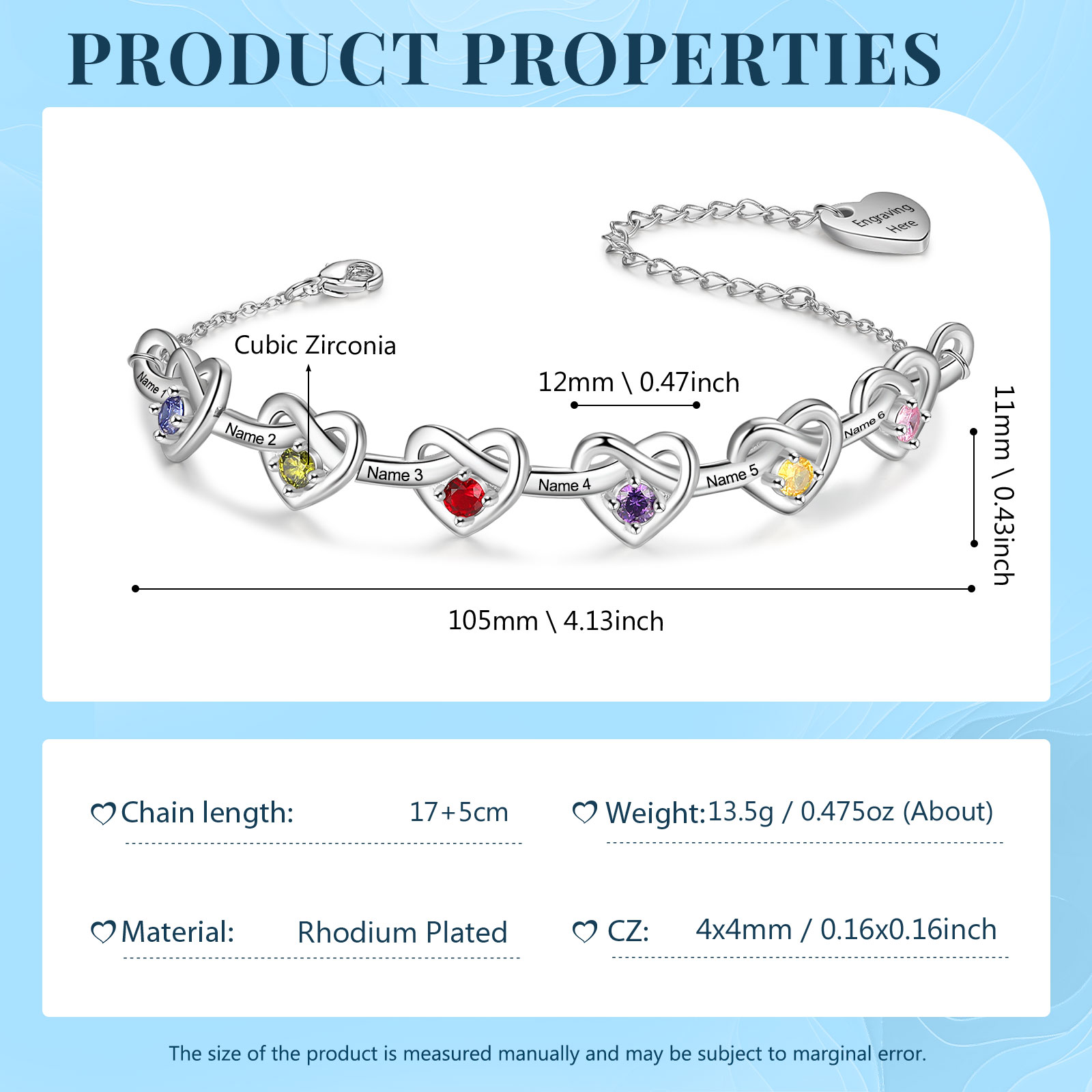 Braccialetto da cuore a cuore personalizzato con 6 pietre di nascita e 6 nomi personalizzati regalo per donna