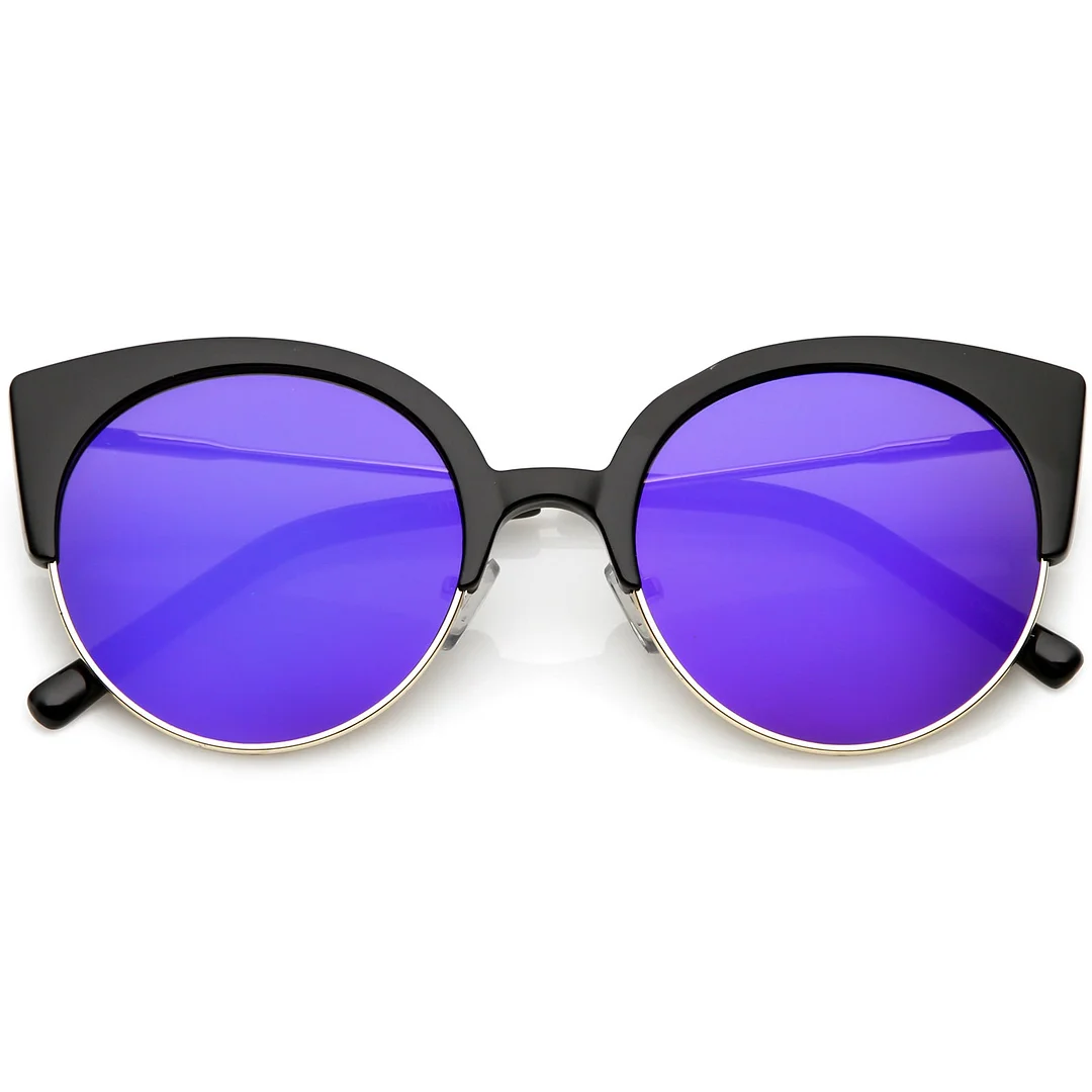 Women's Half Frame Cat Eye glasses Ultra Slim Arms Mirrored Round Flat Lens 53mm