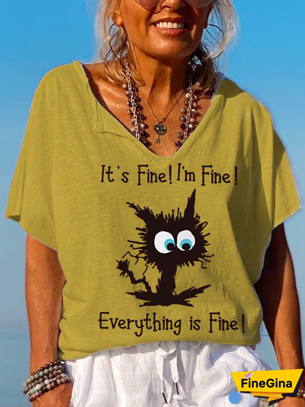 Women's It's Fine I'm Fine Everything Is Fine Funny Cat V-Neck Tee