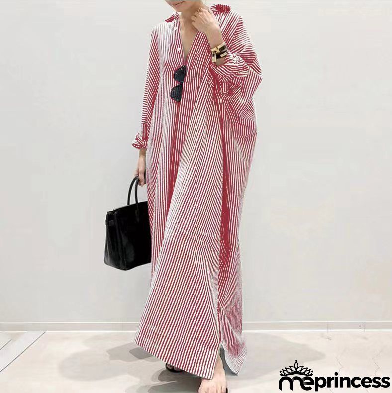 Women's Fashion Loose Stripe Print Large Size Maxi Dress