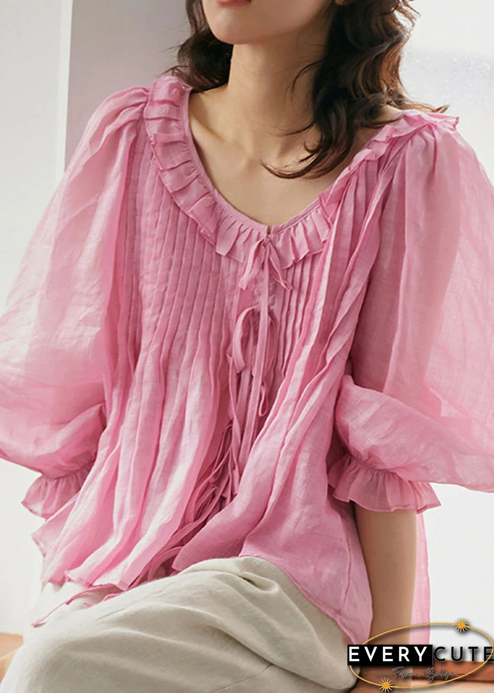 Fall Cute Pink Chiffon Blouse Plus Size Shirt