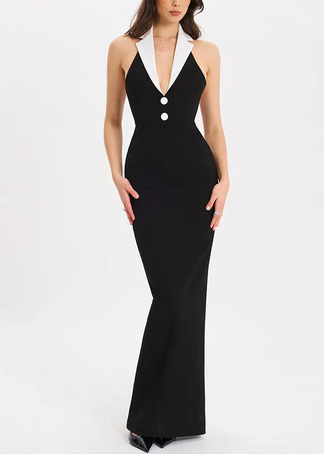 French Black Notched Backless Side Open Cotton Long Dresses Sleeveless