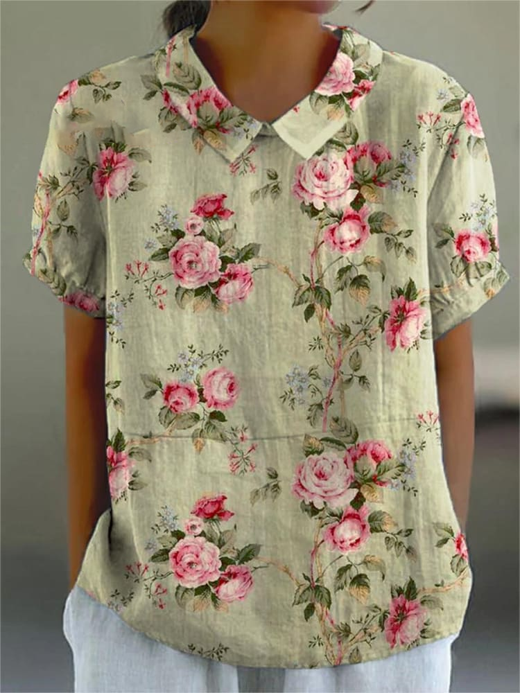 Womens Vintage Rose  Art Pattern Casual Cotton And Linen Top