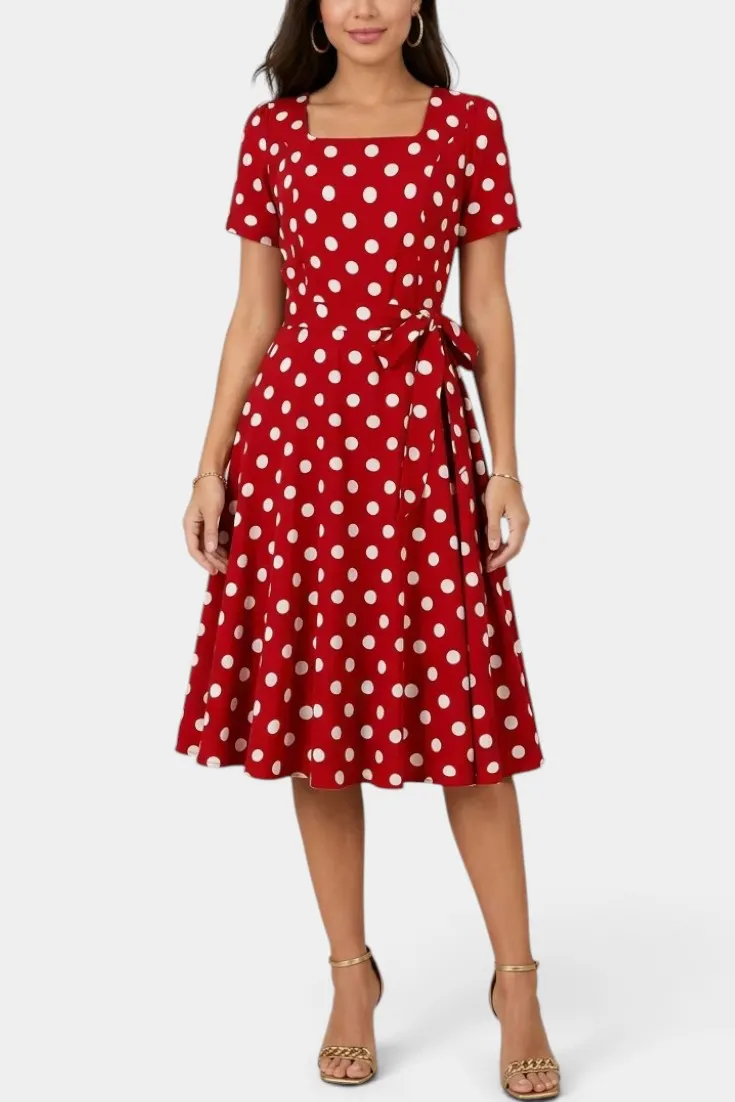 Square Neck Belted Polka Dot Midi Dress