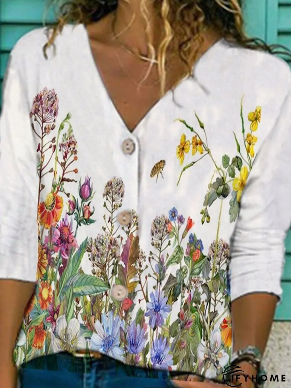White Floral Printed Buttoned V Neck Long Sleeve Casual Shift Blouse | IFYHOME