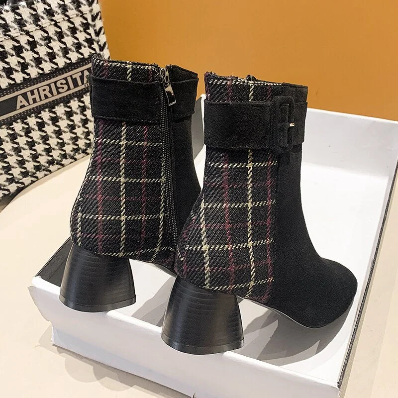 2021 New Women Modern Boots Fashion Plaid Zipper Ladies Ankle Boots Leisure Suede Black Pointed Women's Shoes