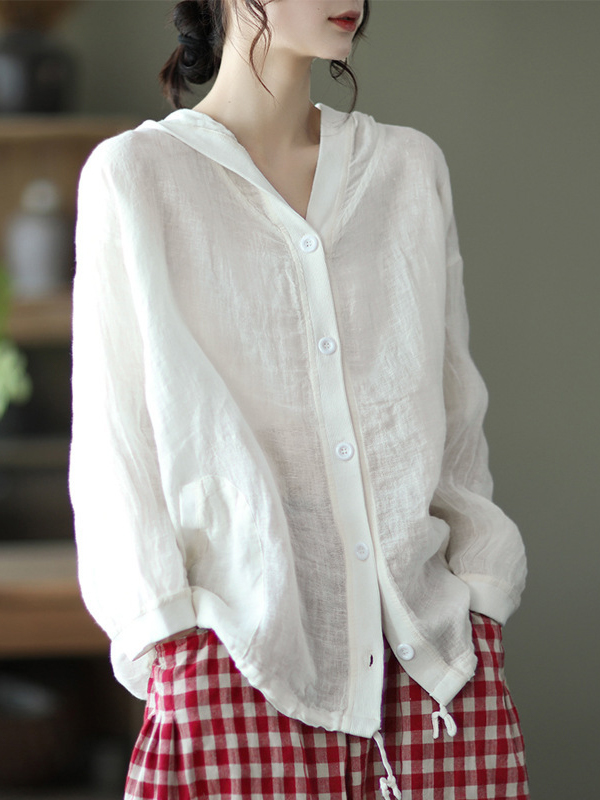 Button Closure Solid Color Linen Hooded Cardigan