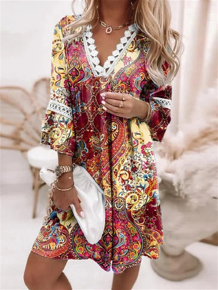 Women's 3/4 Sleeve V Neck Printed Lace Casual Dress