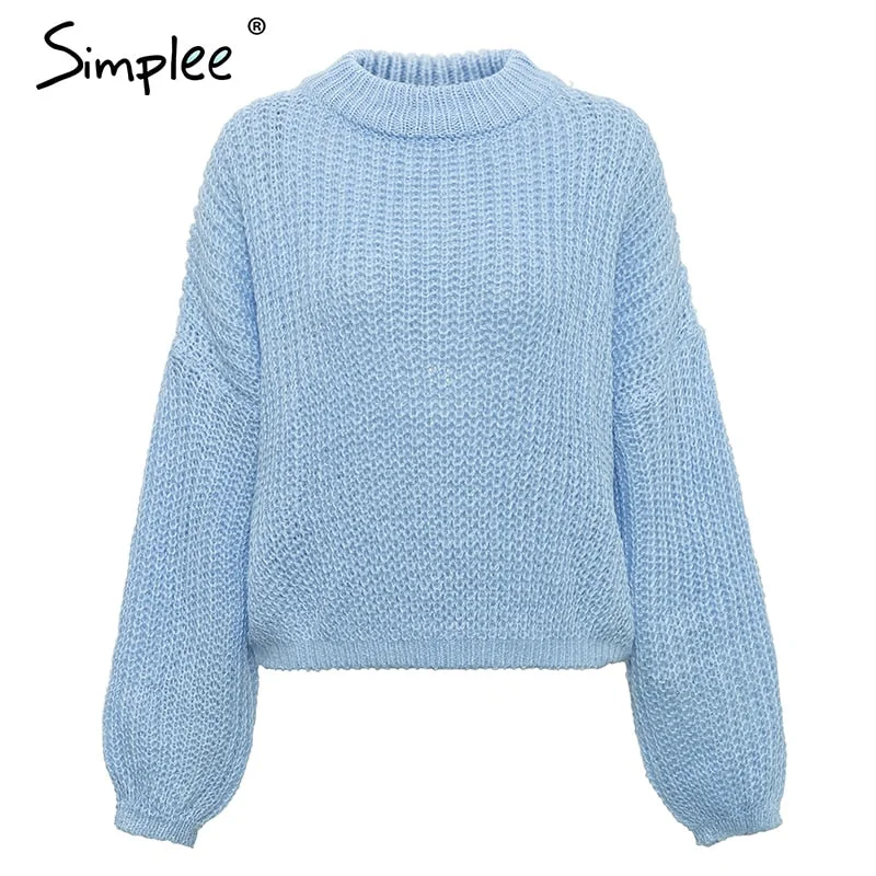 Simplee Winter lantern sleeve knitted sweater pullover Women loose round neck red sweater Female autumn casual sweater jumper