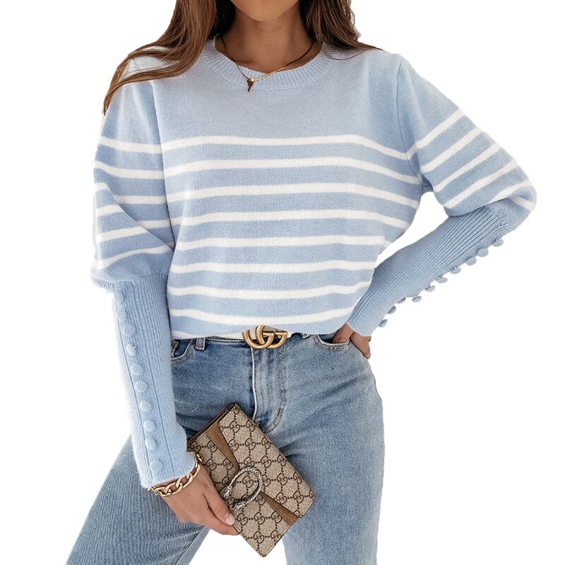 Women Autumn Winter sweater Pullovers 2021 O-Neck Buttons Sleeved Striped Patchwork Pullovers Casual Women Knitted Sweater
