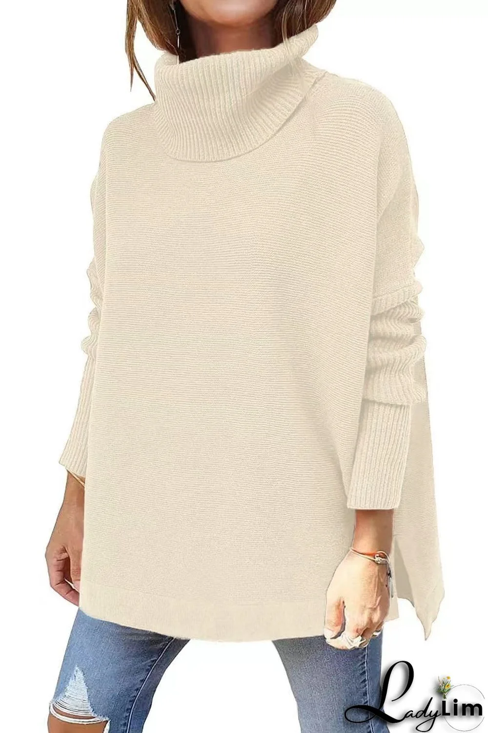 Turtleneck Sweater Loose Bat Sleeves Slit Hem Pullover Sweater Women Knitting Top