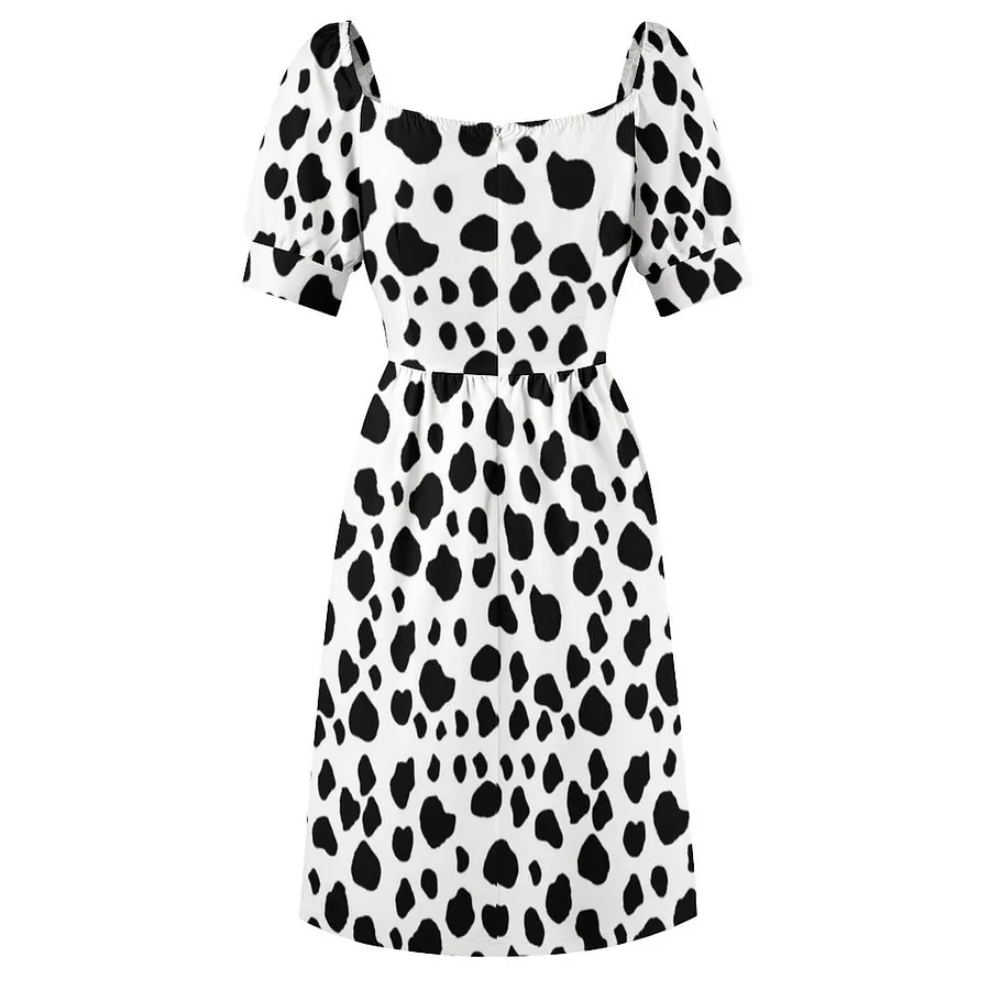 SFNEEWHO Cow Print Cow Pattern Cow Spots Black And White Dress Women Boho  High Waist Flared Puff Sleeve Cute Sweetheart Midi Dress
