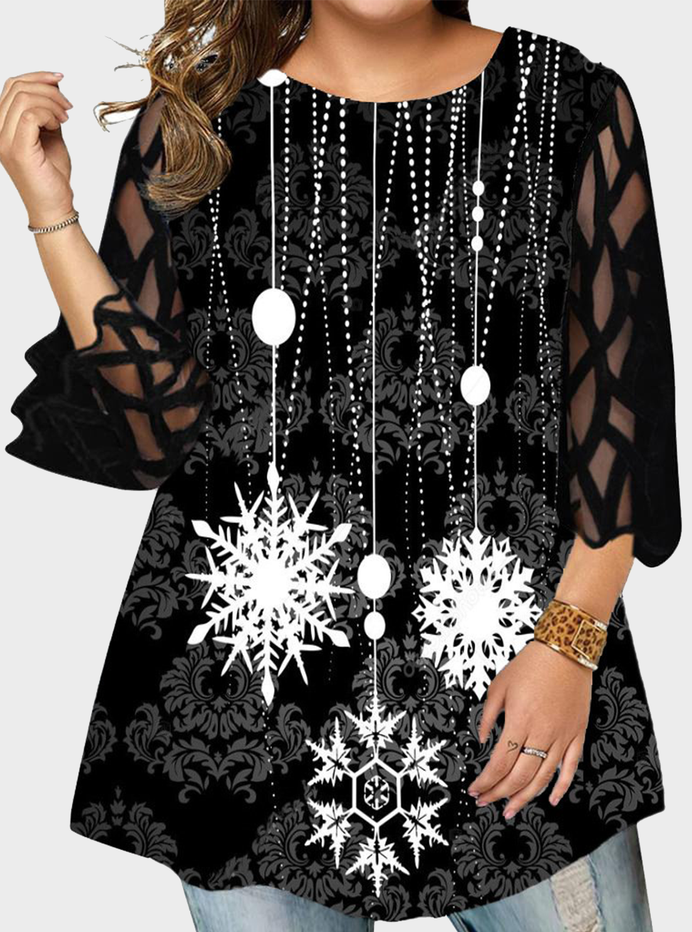  thdmladies Christmas Plus Size Lace Sleeve T-shirt thedmladies