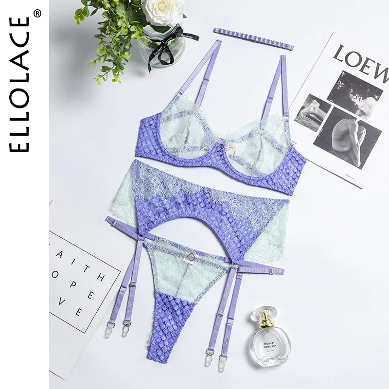 Billionm Ellolace Lingerie Erotic Underwear Fancy Lace Sexy Hot Woman Thong Transparent 4-Pieces Garter See-Through Bra Outfits