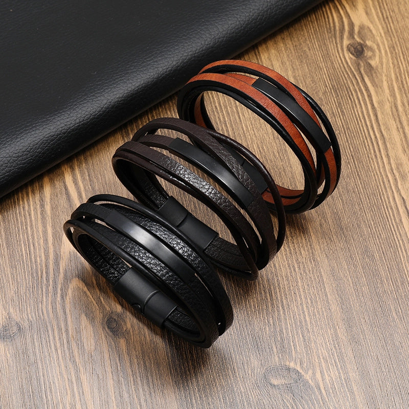 Factory Direct Sales Hot Stainless Steel Leather Cord Bracelet Men's Magnetic Buckle Multilayer Simplicity Woven Leather Bracelet