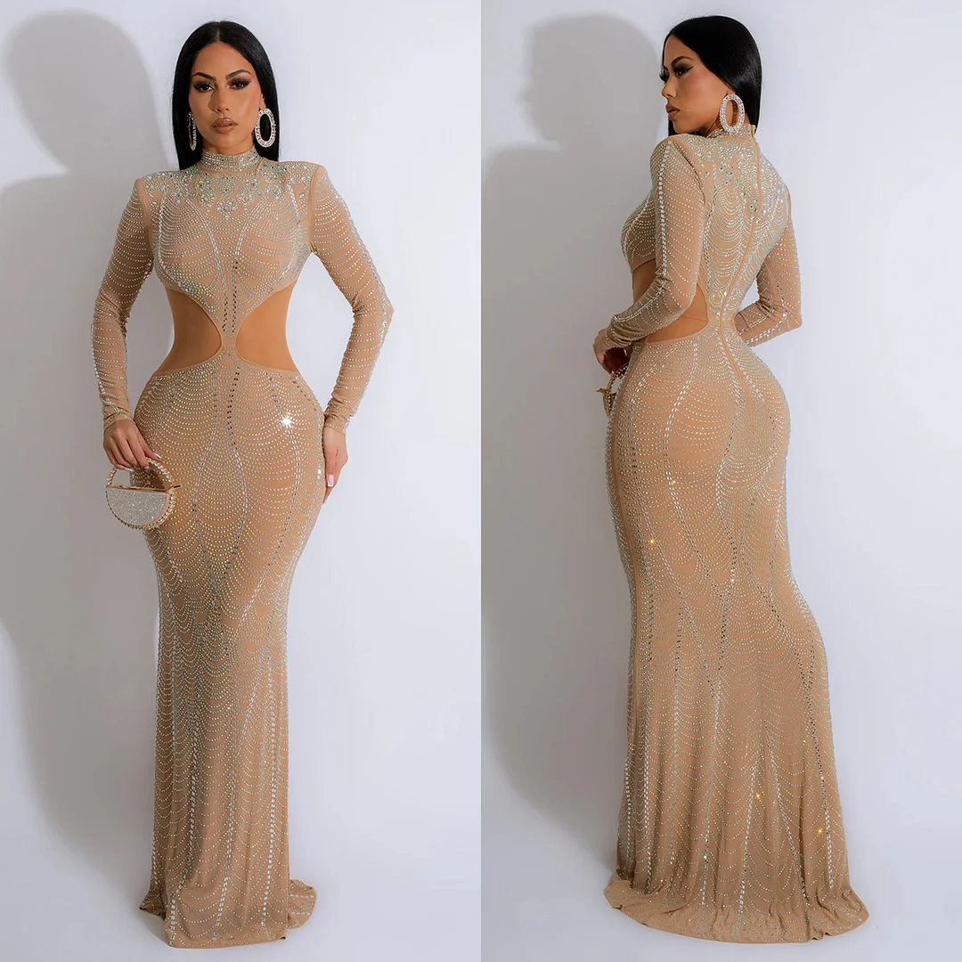 Women&lsquo;s Elegant Sexy Sequins Slim Tight Waist Hollow Floor Length Party Evening Dress 