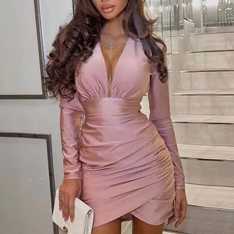 Women 2023 Fashion Solid V-neck Bodycon Dress Autumn Elegant Long Sleeve Mini Dress Ladies  High. Waist Draped Party Dresses