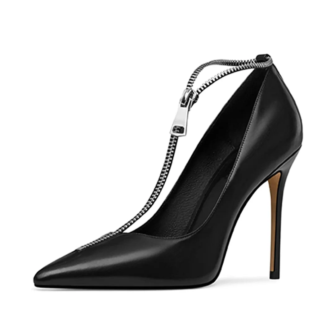 Black Pointed Toe Stiletto Heel Zipper T-Strap Pumps for Women