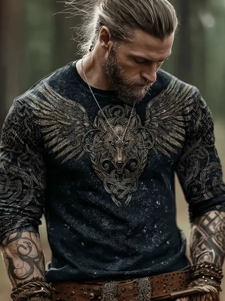 Vintage Viking Celtic Style Men's Round Neck Long Sleeve T-shirt