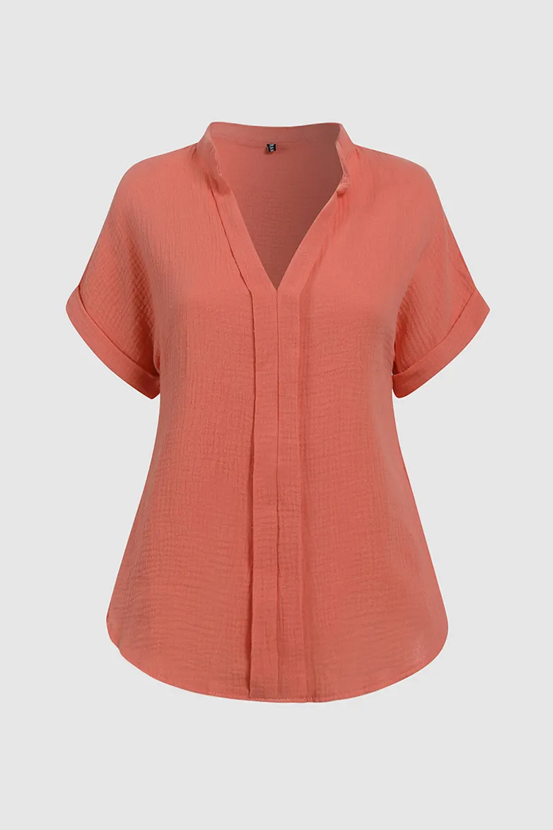 Solid Notched Neck Short Sleeve Blouse