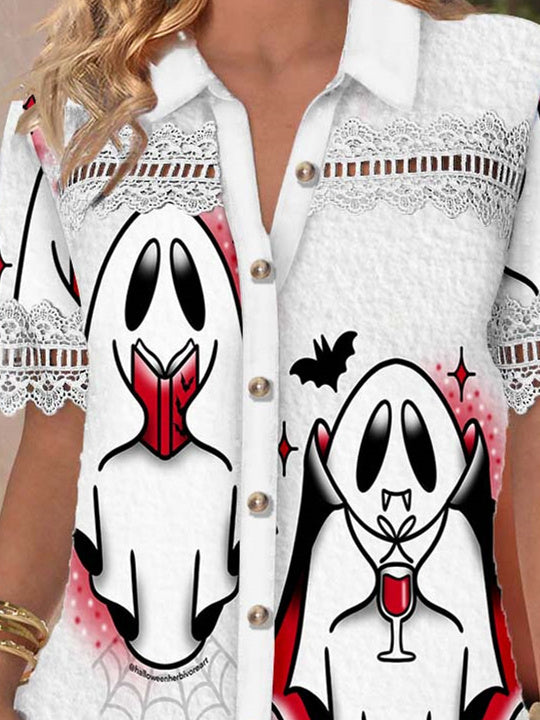 Women Short Sleeve V-neck Skull Printed Graphic Lace Hollow Stitching Button Tops